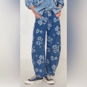 Free People Good Luck Printed Barrel Leg Jeans Laser Daisy